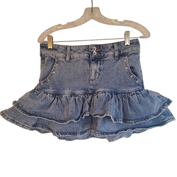 Social Collision Denim Mini Skirt Ruffle Tiers Star Studded Party Skirt Jrs S - Picture 12 of 13